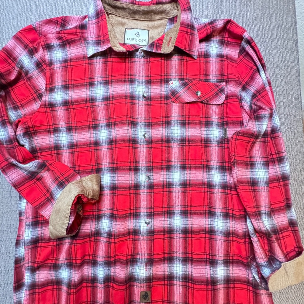 Legendary Whitetails Mens XL Red Plaid Flannel Shirt Corduroy Trim Button Down